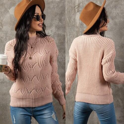 2020 Autumn and Winter New Solid Color Hollow Knit Sweater Top Round Neck Pullover Long Sleeve Bottoming Sweater