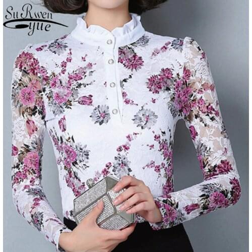 New Spring Fashion Blusa Women Brand Shirt Slim Printed Shirt Long-sleeved Female Lace Tops Women Lace Blouse Plus Size 4XL 36i