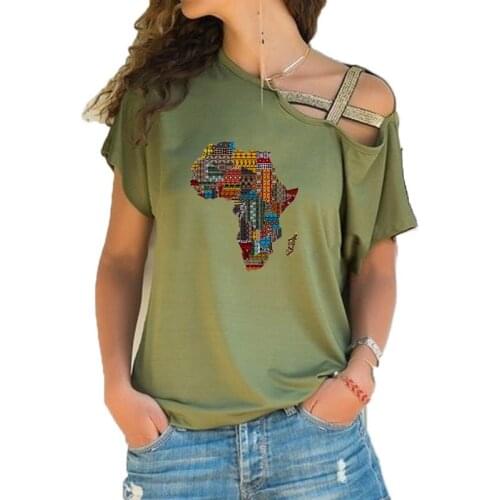 New Summer Africa Map Graphic Print Funny Teeshirt Women Short sleeve Loose Irregular Skew Cross Bandage Tops Tee