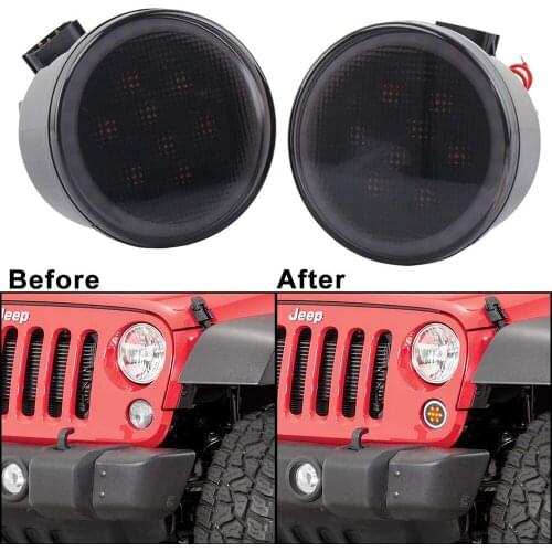 Front LED Turn Signal Lights Assembly with White Halo Smoke Lens for 2007 to2011 2012 2013 2014 2015 2016 2017 Jeep Wrangler JK