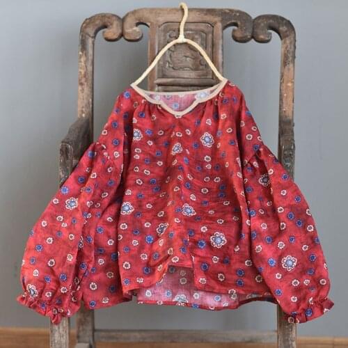 Women Plus Size Lantern Sleeve Ramie Shirts Tops Ladies Vintage Ramie Blouse Female Printed V Neck Shirt 2020 Spring summer