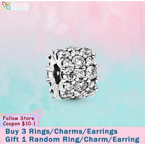 Smuxin 925 Sterling Silver Beads Clear Sparkle Charms fit Original Pandora Bracelets for Women Jewelry Making Girl Birthday Gift