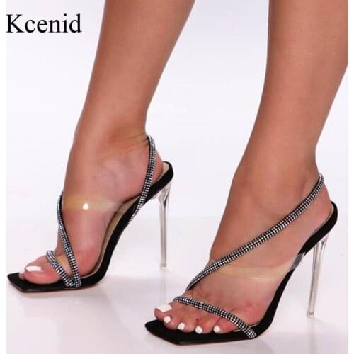 Kcenid Elegant Rhinestone Transparent PVC Sandals Crystal High Heel Sexy Party Shoes Plus Size 41 Women Open Toe Clear Pumps