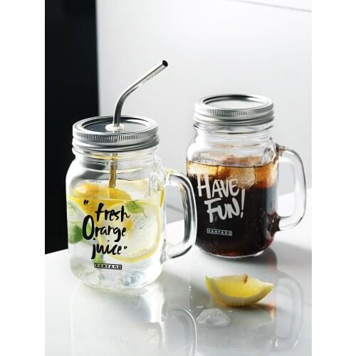 Vintage Glass with Lid Mason Cock Cup Milk Tea Household Large Capacity Straw Cold Drink Cup