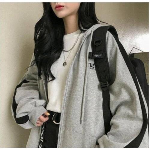 Ladies Autumn Hoodie Gray Jacket Womens Casual Loose Sports Long Sleeve Drawstring Pocket Jacket Cardigan Top Street Tops Crop