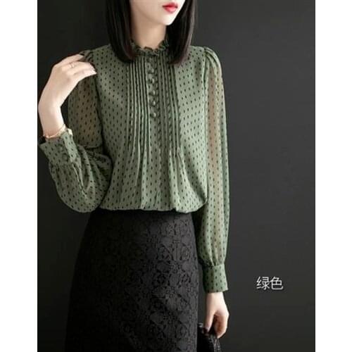 Ruffles Neck Chiffon Women Blouse Summer New 2021 Button Long-Sleeved Elegant Office Lady Pulls Outwear Tops