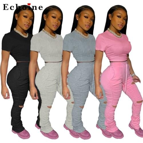 Women Two-Piece Set Casual Lounge Wear Fitness Crop Tops Casual Hole Pleated Pants T-shirt Suits Lace Up Jogger Active Tracksuit