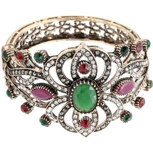 SUNSPICEMS vintage flower turkish bangle for women antique gold color cuff bracelet rhinestone wrist jewelry ethnic wedding gift