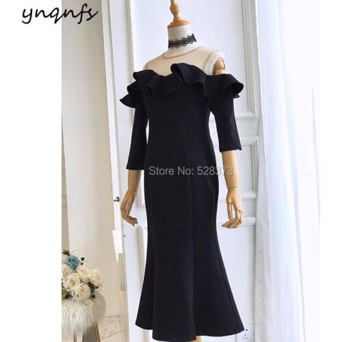 YNQNFS C2 Ruffles Tea Length Black Mother of the Bride Dresses robe de cocktail courte Wedding Party Guest Dress 2019