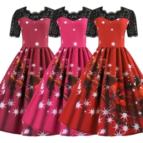 Witbuy Women Dress Elegant Christmas Pleated With Lace Sleeve High Waist Santa Print Vintage New Year Party Dresses For Women