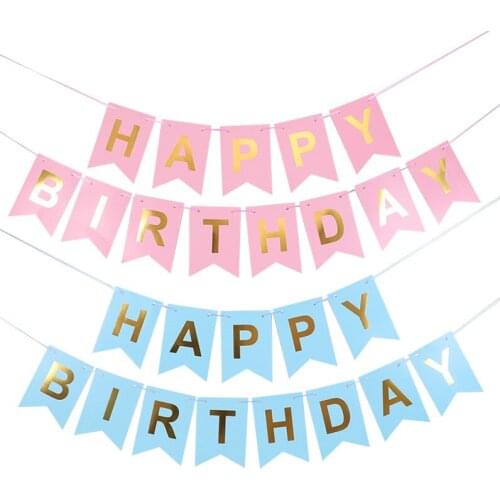 1set Happy Birthday Banners Pink Blue Paper Bunting Garland Flags Birthday Party Decorations Kids Boy Girl Baby Shower Supplies