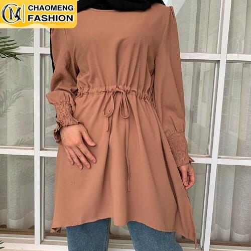 New Arrival High Quality Design Belt Tied Waist Fashion Muslim Women Malaysia Turkey Shirt Blouse Simple Style Dubai Ladies Top