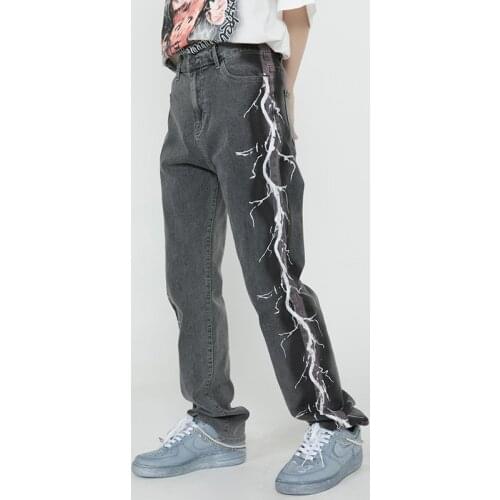 Side Lightning Print Retro High Street Mens Jeans Straight Loose Harajuku Oversize Couple Denim Trousers Hip Hop Loose Jean Pant