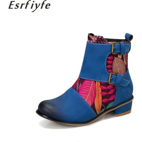 ESRFIYFE New Fashion Chinese Style Women Ankle Boots Floral Print High Heel Ladies Shoes Party Dancing Basic Leather Boots Girls