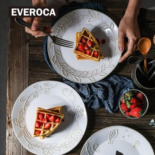 Ceramic Plate Round Retro Creative Relief Lace Western Food Plate Pasta Main Course Dessert Pattern Tableware Kitchen