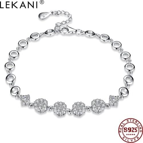 LAKENI 925 Sterling Silver Bracelet For Women Shiny Flower Cubic Zirconia & Circle Charm Bracelets Female Luxury Jewelry