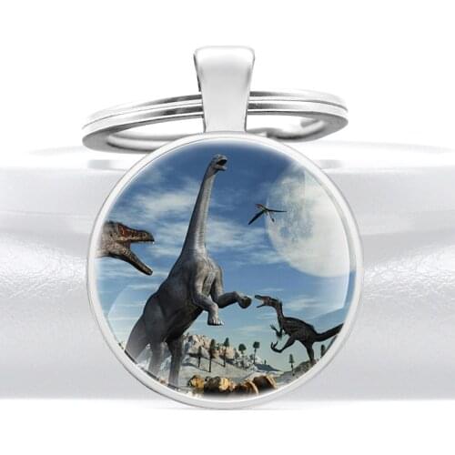 Cute Dinosaur Design Glass Cabochon Metal Pendant Key Chain Charm Men Women Key Ring Jewelry Gifts Child Keychains