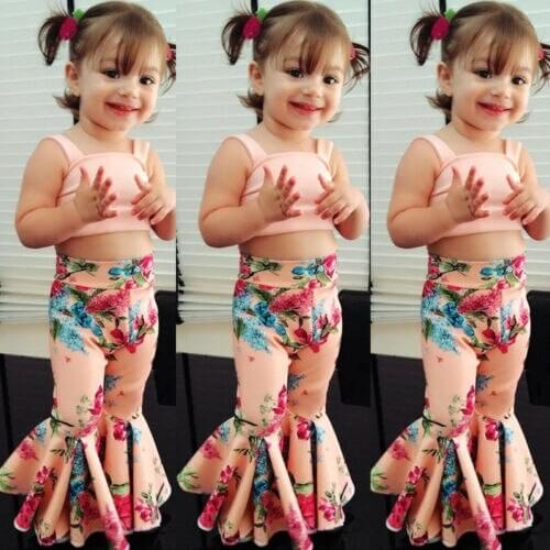 Fashion Summer Girls Clothes Sets Children Pink Sleeveless Short Crop Tops Flare Long Bell-bottoms Pants 2pcs Outfits for 1-6Y