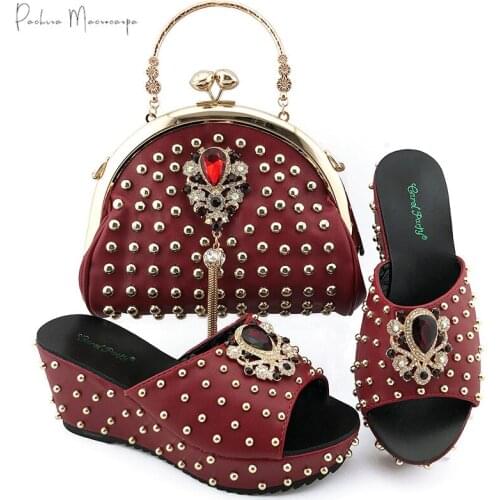 Newest African Full of Rivet Style Nigerian Wine Color Women Shoes and Bag Set Decorated With Rhinestone in Party