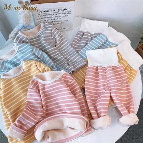 Mom Susy Baby Girl Boy Stripe Velvet Pajamas Sets Winter Infant Toddler Child Homesuit Warm Sleepwear 2PCS Baby Clothes 1-5Y
