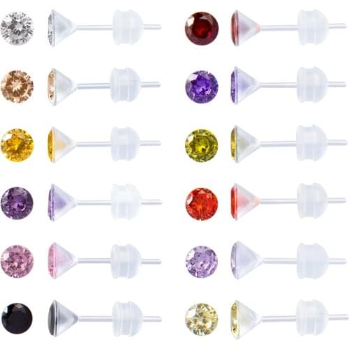 12 Pairs Plastic Stud Earrings for Sensitive Ears,Birthstone CZ Stud Earrings Set for Women and Girls with Size 2mm 3mm 4mm 5mm