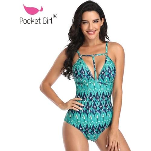 Pocket Girl 2021 Print One Piece Swimsuit Women Hollow Out Swimwear Female Vintage Bathing Suit String Monokini Sexy Bodysuit