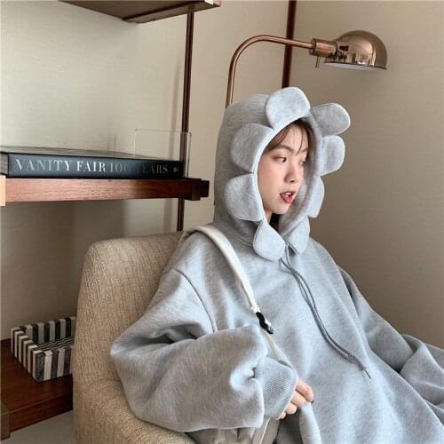 Korean ins Harajuku Kawaii Yellow hooded sweatshirt female winter new BF loose plus velvet fashion casual chic female sweatshirt