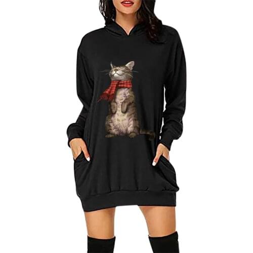 Plus Size Hoodies Women Cat Printed Hooded Autumn And Winter Long Sweatshirts Pocket Fashion Comfortable Pullover Tолстовка