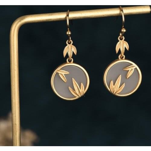 Bamboo Leaves Round Jade Drop Earrings for Women Chinese Style Elegant Palace Vintage Handmade Vintage Jewelry Friends Gift M4