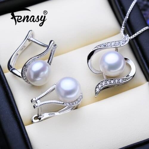 FENASY 925 Sterling Silver Jewelry Sets Natural Pearl Clip Earrings Custom Bohemian Pendant Chain Necklace For Women