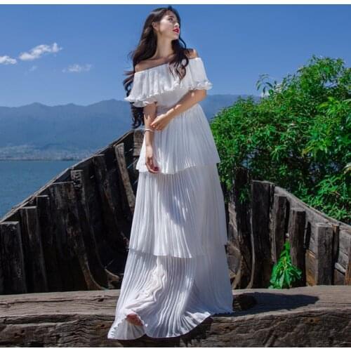 Women designer elegant slim bodycon sexy formal party beach runway long maxi red white off the shoulder pleated slash neck dress