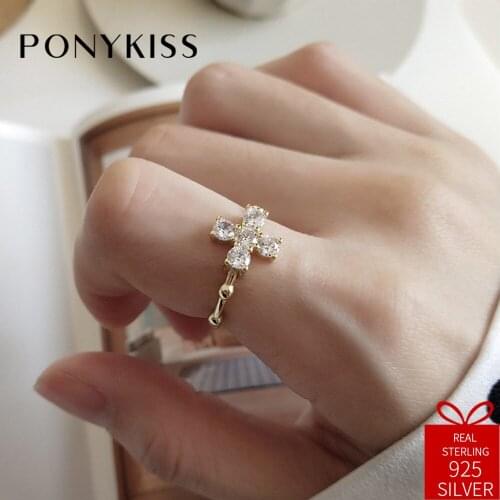 PONYKISS Trendy 100% 925 Sterling Silver Golden Zircon Cross Adjustable Opening Ring Fashion Women Delicate Accessory Chic Gift