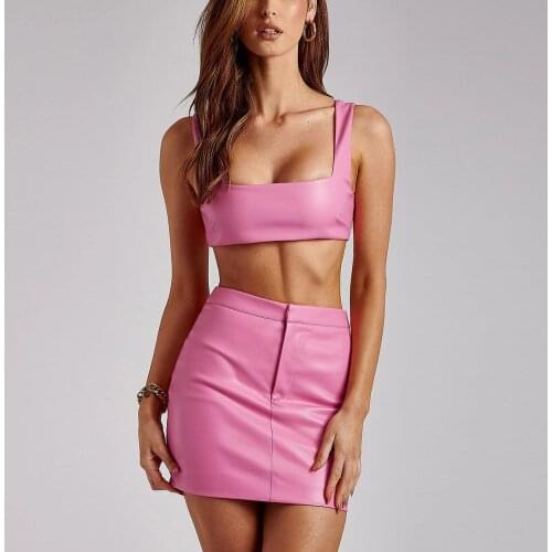 High Quality Summer Leather Dress Women 2 Pieces Dress Set 2021 New Arrivals Pink Party Dress Celebrity Evening Club Dress