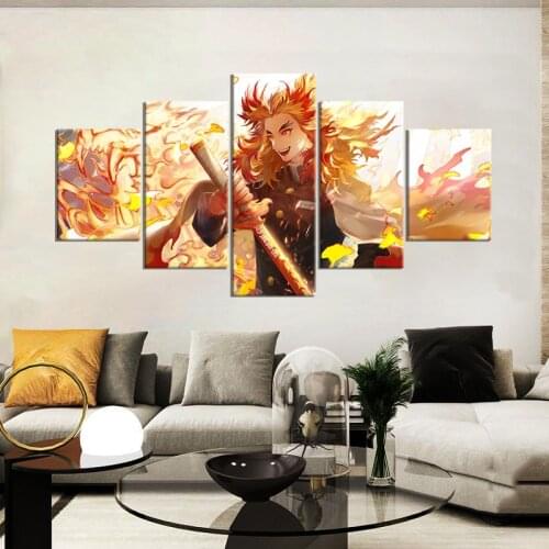 5 Panel Kimetsu No Yaiba Rengoku Anime HD Cuadros Paintings Wall Art Home Decor Canvas Pictures Posters Decoration Accessories