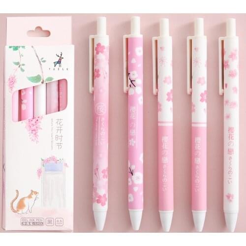 5Pcs/set Cute Cat Peach Sakura Print Retractable Gel Pens 0.5mm Black Kawaii Pens Stationery for Kids School Office Supplies