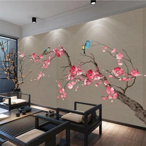 Beibehang Custom wallpaper 3d murals new Chinese hand-painted pen beautiful poetry plum flower bird sofa background wall paper