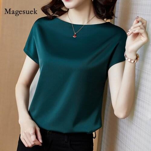 Summer Short Sleeve Satin Blouse Women Solid Plus Size Loose Casual Shirts Fashion Office Lady Slim Tops Simple Blusas 13377