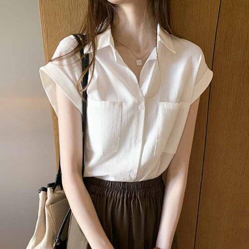 Oversized 4XL White Women Shirts Summer New Turn-Down Collar Pocket Sleeveless Elegant Office Lady Outwear Coats Tops