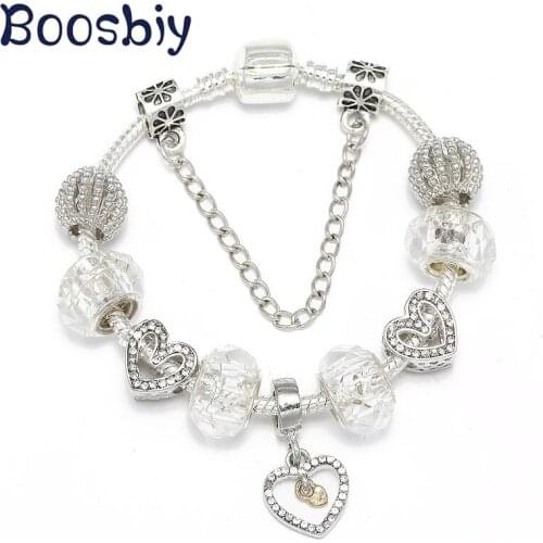 Boosbiy New Fashion Silver Plated Snake Chain With Crystal Heart Charms Fits Brand Bracelet For Women Simple Jewelry Gift