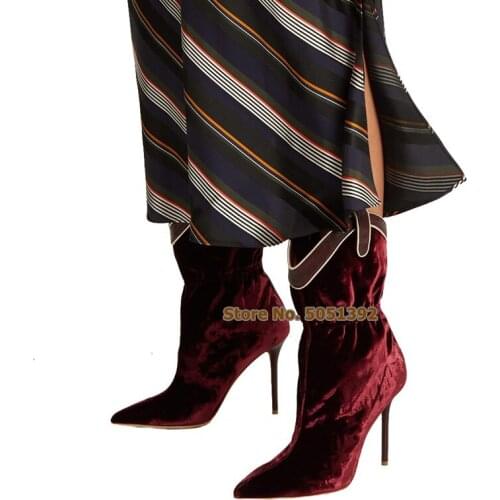 Burgundy Wide Calf Booties Slouchy High Stiletto Heels Socks Boots Stretch Fashion Pointed Toe Slip On Winter Woman Shoes