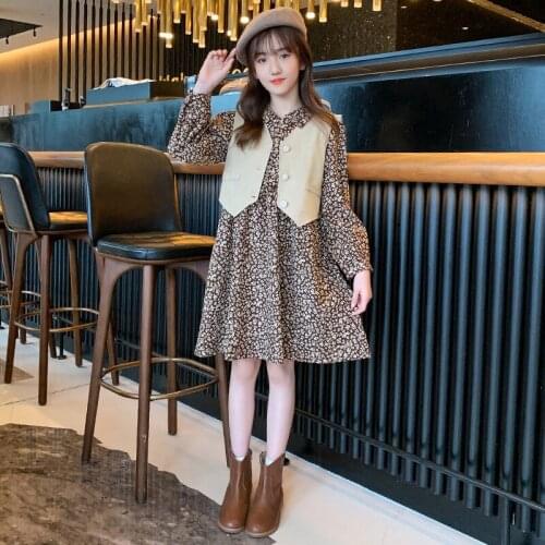 2021 Fall Girls Sets Teenage Girl Floral Print Dress And Pearl Button Vest 2Piece Outfits Children Suits 4 6 8 10 12 14Year