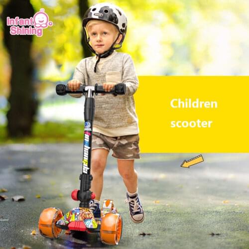 Infant Shining Children Scooter 4 Wheels Kick Scooter Children Foot Scooters 5-7 Years Adjustable Height Kids Scooters for Baby