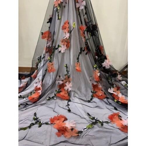 Good quality wholesale 3d flower ZH-1636 African net lace fabric embroidery tulle lace fabric with beads for wedding