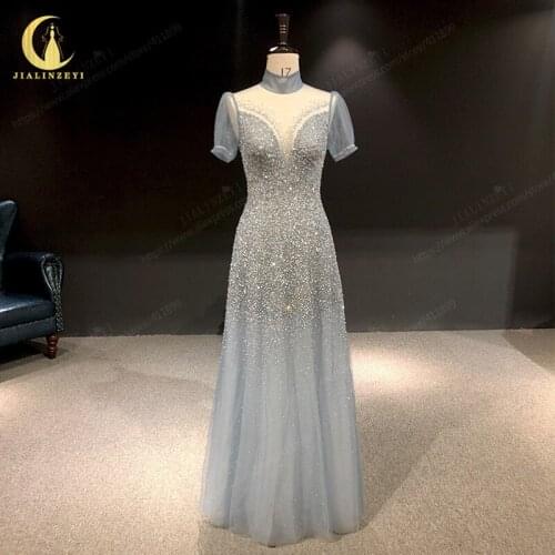 JIALINZEYI Rhine Black Grey Blue High Neck Short Sleeves With Beads Floor Length vestidos formales New Evening dress 2021