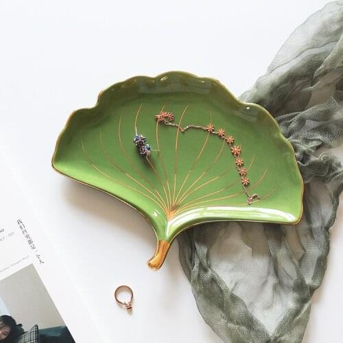 Nordic Style Ceramic Plates Gold Side Ginkgo Biloba Dish Ins Decorative Leaves Shape Plate Jewelry Storage Box Tray Best Gifts