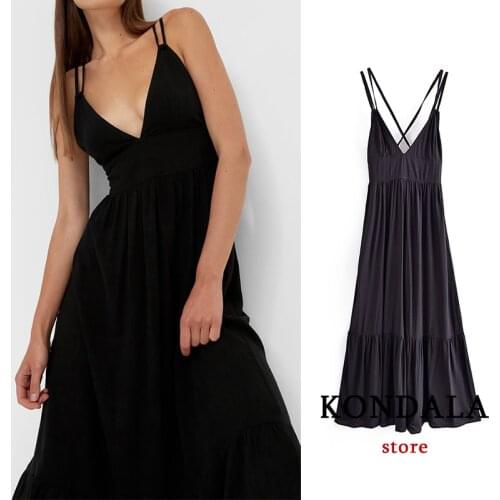KONDALA Za 2021 Women Chic Black Sexy Cami Long Dress Backless Crossed Ruffles V Neck Party Dress Elegant Loose Mujer Vestidos