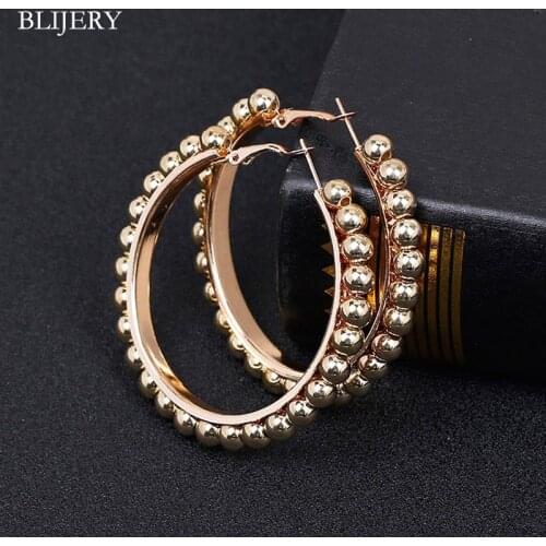 BLIJERY Fashion Statement Earrings For Women 60mm Big Hoop Earrings Gold Color Beaded Cirle Earrings 2019 Punk Jewelry Gifts