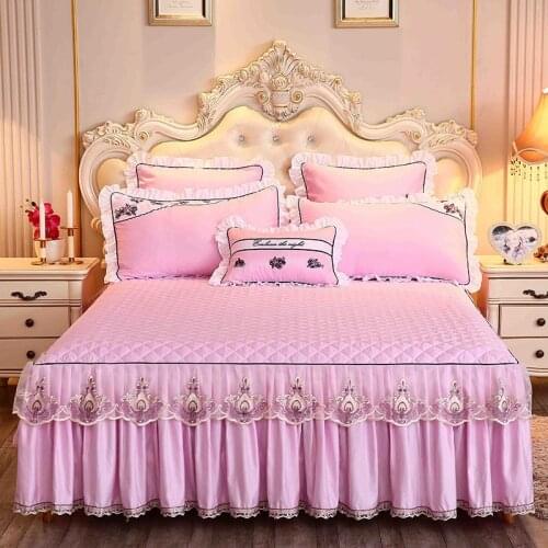 Pink Princess Lace Bedspread Bed Skirt 1/3pcs Thicken Warm Mattress cover Solid Soft Wedding Bedding Bed Sheet Linen Cotton
