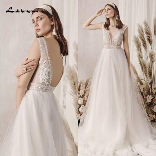 Lakshmigown Boho Wedding Dress 2021 vestido de novia Tulle Bridal Dress Open Back Beach Lace Wedding Gowns Appliques V Neck