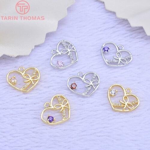 4PCS 11x14MM 24K Gold Color Plated Brass with Colorful Zircon Heart Pendant Charms High Quality DIY Jewelry Making Findings